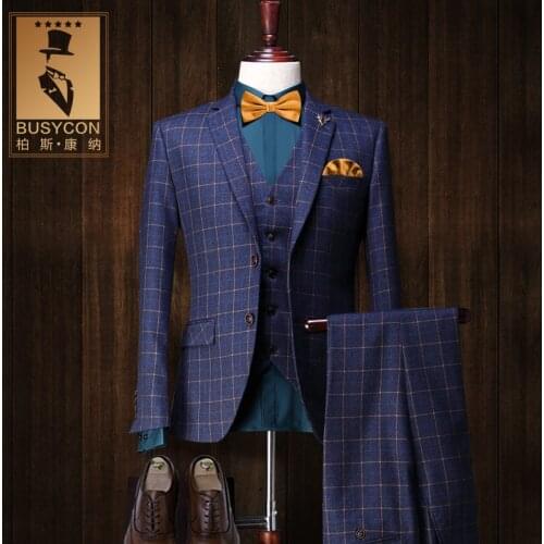 Cajerin Vintage Royal Blue Mens Plaid Suits Wedding Tuxedo Groom Slim Fit Groom Suits Wedding Dress (Blazer+Pants+ Vest)