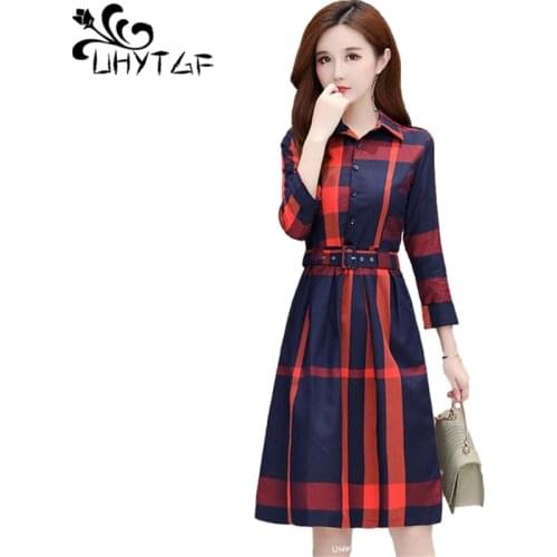 UHYTGF Womens Dress Fashion Red Green Plaid Long Sleeve Autumn Dresses Female Elegant Belt Pullover Casual Plus Size Dress 1557