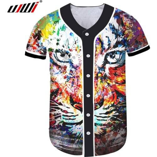 UJWI Summer Tops Mens Button Tshirt Funny Print Splashing colorful tiger 3d Baseball Jersey Shirts Short Sleeve Hiphop Cardigan