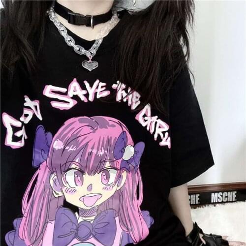 Harajuku Streetwear Women T-Shirt Korean Print Tops Loose Black Cotton Summer Short Sleeve Vintage Punk Y2K Short Sleeve Clothes