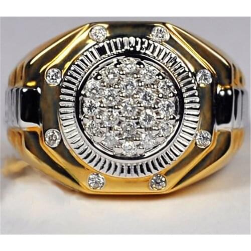 Unique Two-Tone Round Full Crystal Rings for Men Engagement Party Fashion Jewelry Europe and America Accessories Size 5-12