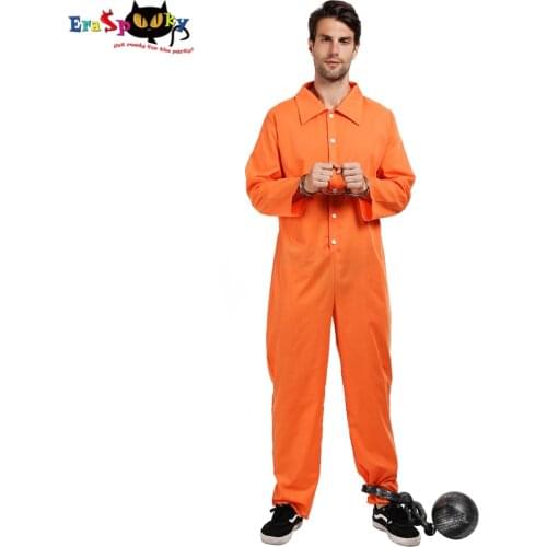 Eraspooky Mens Prisoner Jumpsuit Cosplay Halloween Costume For Adult Orange Criminal Jailbird Inmate Shirt Carnival Outfit