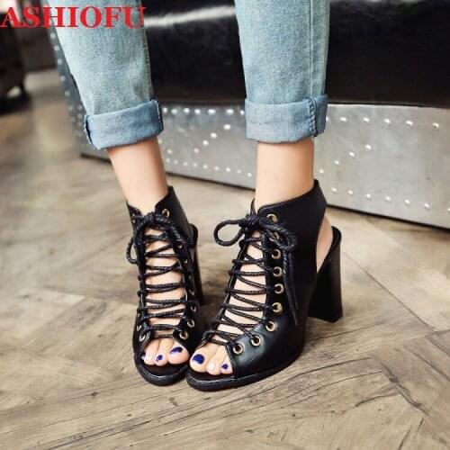 ASHIOFU Handmade New Ladies 9.5cm Block Heels Sandals Cross-shoelace Peep-toe Summer Shoes Slingback Party Prom Fashion Sandals
