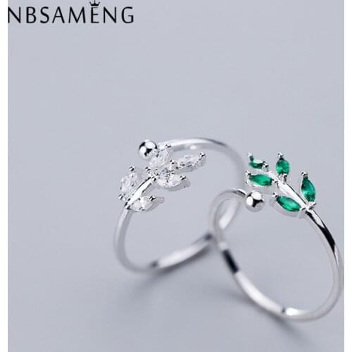 925 Sterling Silver Rings Korean Crystal Finger Rings Leaf Twig Adjustable Rings For Women Girl Fine Jewellery