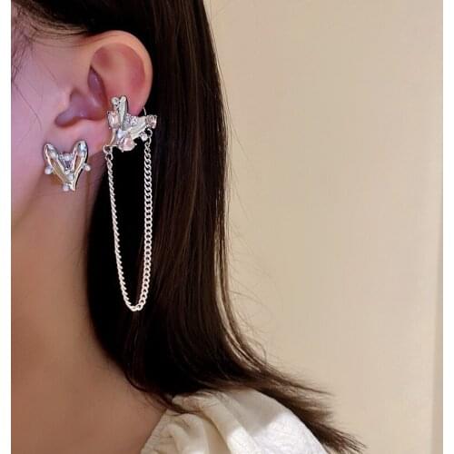 Origin Summer Fairy Love Heart Pearl Clip Earrings for Women Luxury Long Tassel Chain Rhinestone Earring Jewelry Pendientes