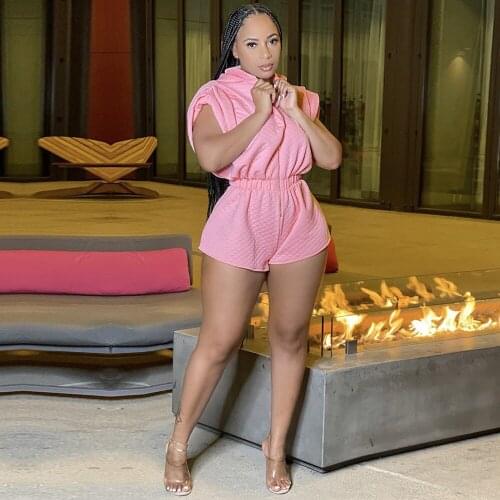 Pink Plaid Patchwork Rompers Womens Jumpsuit Fashion Zipper Front Sleeveless Short Playsuit Sweet Girls Hooded Beach Bodysuit