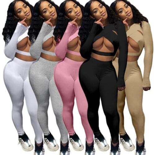 Women Sexy y2k Crop Top Strappy Cross Long Skinny Pants 2 Piece Set Fashion Sexy Long Sleeve Bandage Night Club Women Sets