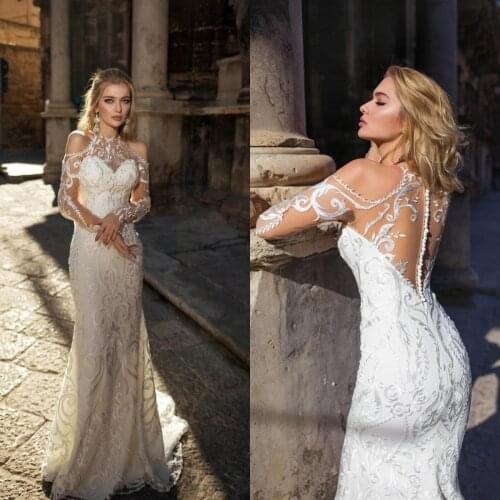 Gorgeous Mermaid Lace Wedding Dresses Bride Gowns 2021 Long Sleeve Sexy African Nigerian Jewel Neck Applique vestido de novia