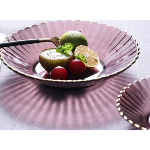 Golden rims glass plate snack storage tray home breakfast salad fruit plates living room daily handmade tableware CN(Origin)