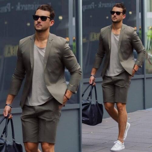 2021 High Quality Grey Short Mens Wedding Tuxedos Two Buttom Slim Fit Wear Business Party Prom Best Men Blazer Suit(Jacket+Pants