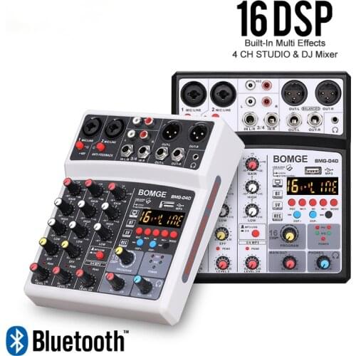 4 Channels Audio Sound Mixer Mixing DJ Console USB with 48V Phantom Power 16 DSP Effects