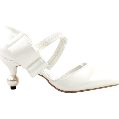 LF60418 White Mary Jane Retro Sandal D-orsay Bridal Evening Pointed Toe Pearl Heel Pumps
