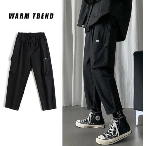 Casual Pants Men Spring Drawstring Ankle Length Multi Pockets Plus Size 3XL Ins Fashion Leisure Mens Cargo Trousers Korean Chic