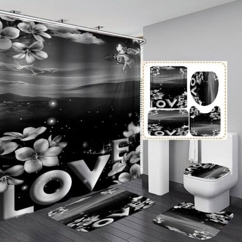 Black Love Flower Shower Curtain With Non Slip Rug Mat Bathroom Curtains Waterproof Polyester Bathroom Curtain with Hooks Modern