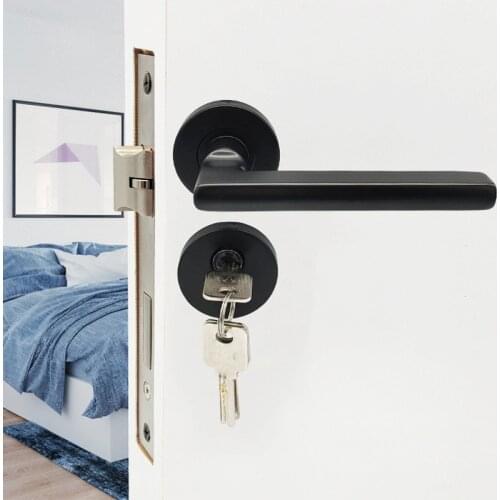 Bedroom Black Mute Wooden Door Handle Lock Modern Minimalist Stainless Steel Interior Door Lock