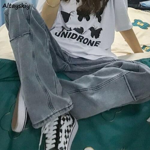 Straight Jeans Women Patchwork Japanese Style Washed BF Unisex Streetwear Vintage College Harajuku Female Bottom Loose Spring