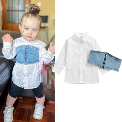 FOCUSNORM 2pcs Autumn Kids Girls Tops Clothes Sets Solid Long Sleeve Single Breasted Shirts+Denim Zipper Strapless Vest 1-6Y