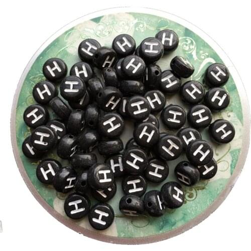 Individual Single Initial H Printing Black Acrylic Alphabet Beads 4*7MM Flat Coin Round Shape Plastic Lucite Letter Beads