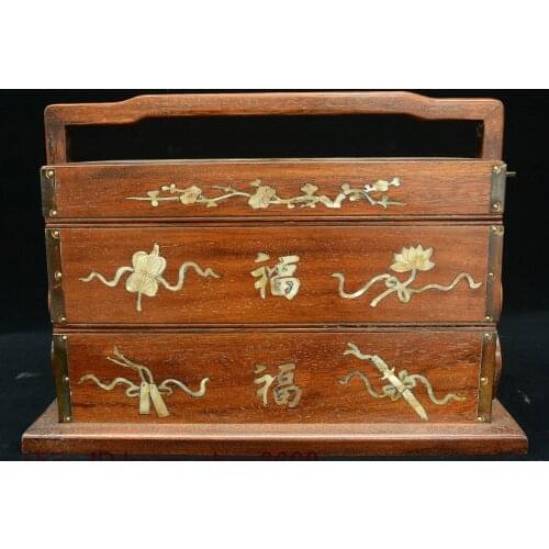 14" Chinese Huang Huali Wood Inlay Shell Carrying Cooked Cereals Case Box Statue