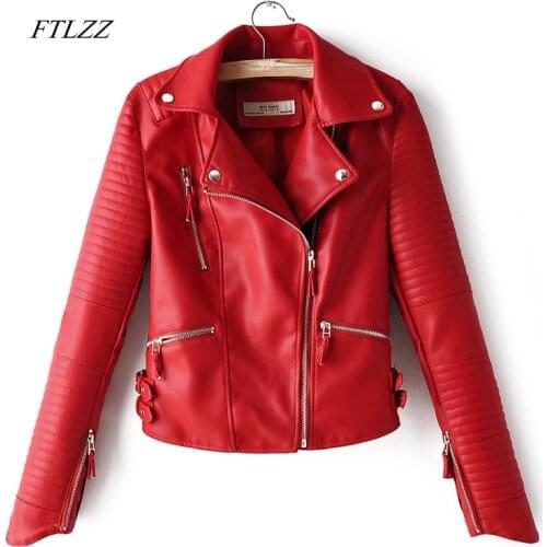 FTLZZ Autumn Women Faux Soft Leather Jacket Pu Motorcycle Zipper Rivet Coat Turndown Collar Black Red Pink Biker Leather Outwear