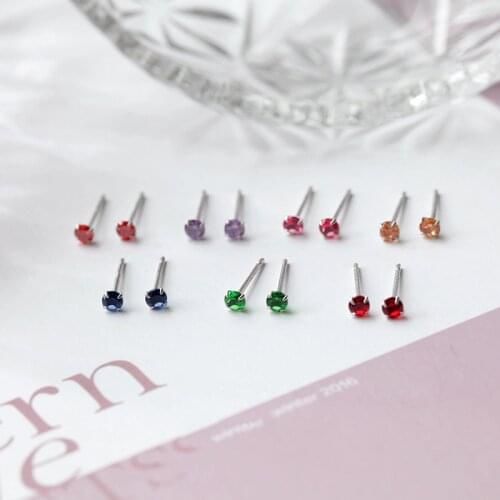 Simple Female Rainbow Crystal Earrings Real 925 Sterling Silver Stud Earrings For Women Dainty Round Small Wedding Earrings