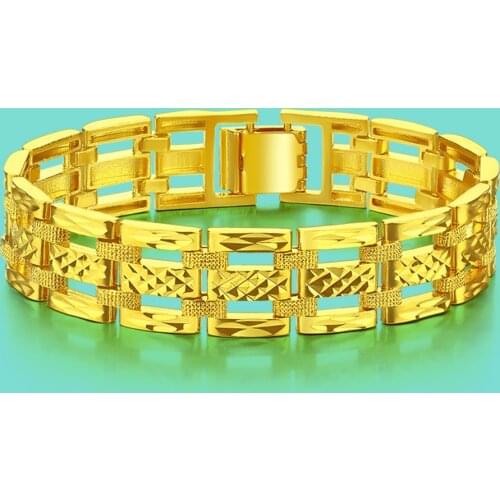 Fashion Mens Gold Jewelery plated 24k Gold Bracelet Aristocratic Bohemian Pattern Bracelet Gold color Chain 15.5mm18cm Size