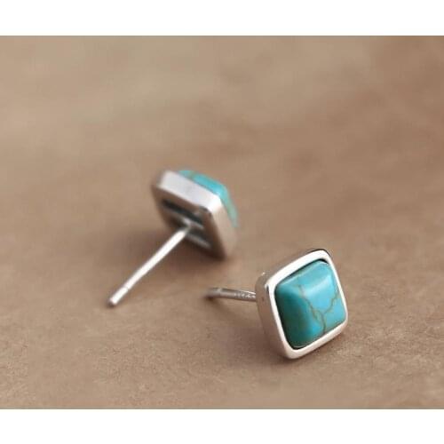 Original Retro National Style Natural Turquoise Stud Earrings Womens Sterling Silver Earrings S925 Exquisite Geometric Square S