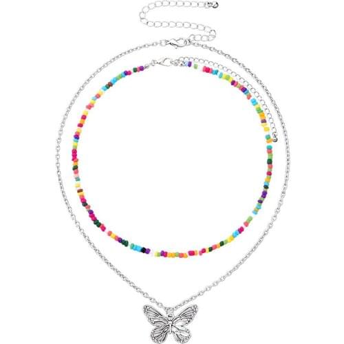 2Pcs Bohemian Style Bead Necklace Simple Butterfly Decorative Necklace Alloy Necklace For Women Girls Jewelry Accessories