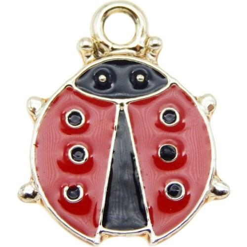 Julie Wang 5PCS Enamel Red Ladybug Charms Zinc Alloy Cartoon Insect Gold Tone Pendant Bracelet Jewelry Making Accessory