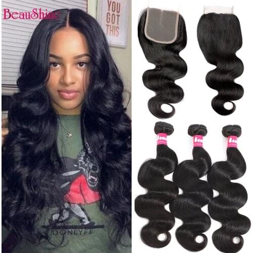 Beaushine Body Wave Hair Bundles With Closure 28 30 INCH Brazilian Human Hair Lace Closure With Hair Bundles 4x4 Lace Closure