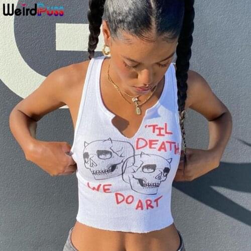 Weird Puss 2021 Cyber Y2k Women Ribbed Graphic Tank Tops Fitness Sporty Sleeveless Vest Casual Streetwear Activity Slim Crop Top