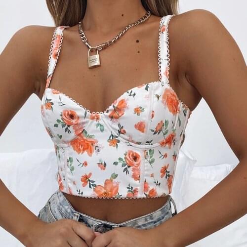 Floral Print Bustier Top Sexy Backless Zipper Spaghetti Strap Cropped Top Corset Slim Fit Bodycon Women Summer Streetwear Vest