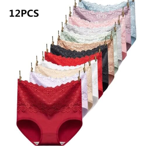 12Pcs Sexy Lace Breathable Panties High Waist Womens Underwear Cotton Briefs Lingerie Antibacterial Underpants Female Briefs
