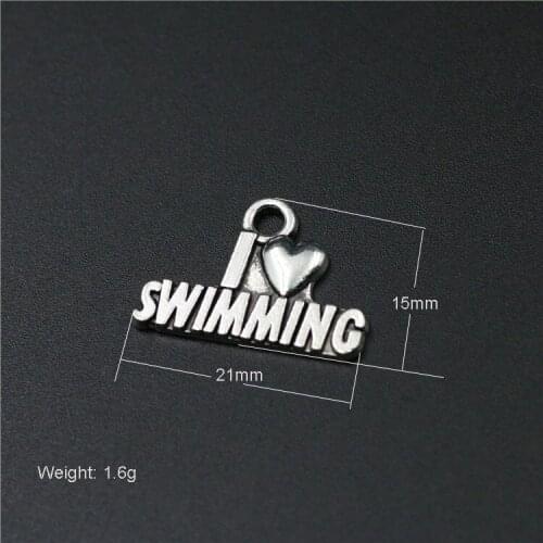 High Quality 20 Pieces/Lot 15mm*21mm Antique Silver Plated I love Swimming Message Sport Swim Charms