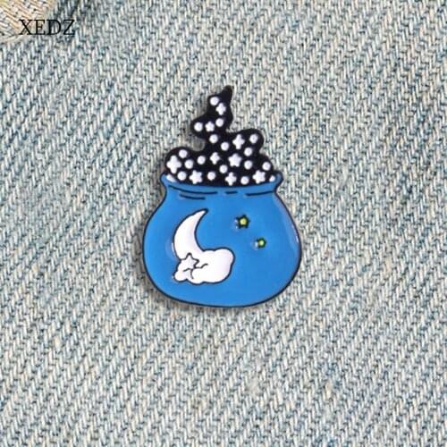 XEDZ Fun Blue Star Jar Enamel Brooch Girl Night Moon Good Night Starlight Black Flame Cartoon Badge Backpack Jewelry Gift