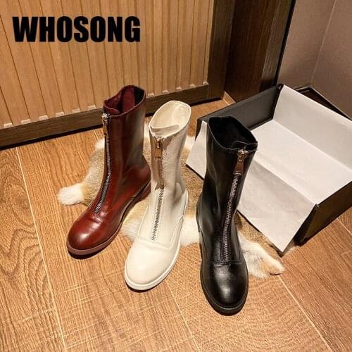 Cowhide Women Boots Ladies Round Toe Shoes Woman Mid Calf Boots Female Black Brand Boots Girls Fashion Real Leather Botas New