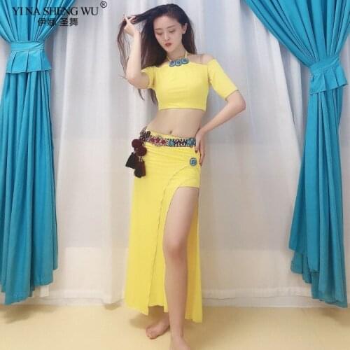 2020 New Style Belly Dance Performance Costume Sexy Top+Split Skirt Shinny Ice Silk Oriental Dance Bellydance Dress Practice Set