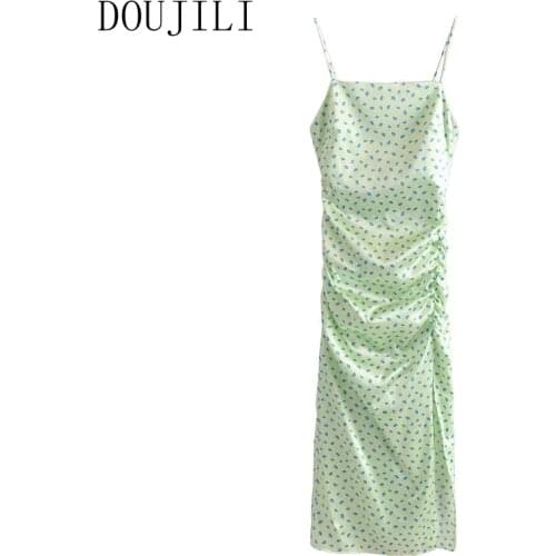 DOUJILI Women Green Flowers Print Satin Dress Sleeveless Backless Strap Zipper 2021 Fashion Lady Sexy Dresses