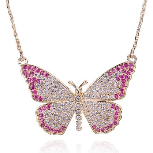 New Arrival Butterfly Pendants Necklace Cubic Zirconia Multicolor Chain Necklaces Gift For Women YMD1255