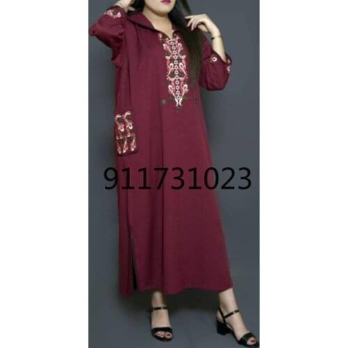 2021 Summer New Fashion Muslim Solid Color Embroidery Simplicity Womens Dress Temperament Loose Casual Long Sleeve Dress