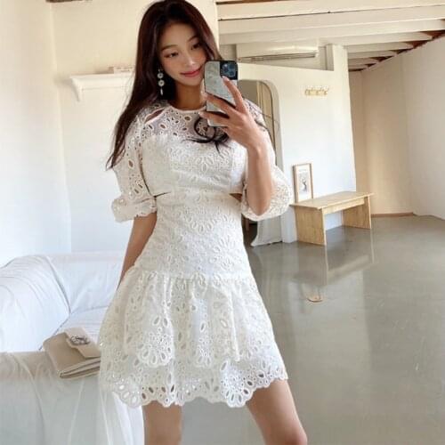 Fashion Summer Retro Embroidery Mini Party Dress Ladies Elegant Streetwear Casual Lantern Sleeve Hollow Ruffle Vacation Dress