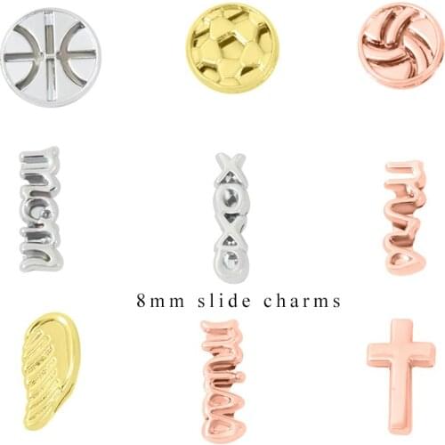 10pcs/lot Internal Dia 8mm Cross Mom Xoxo Basketball Angel Wing Slide Charm DIY Accessories fit 8mm wide belt pet collar
