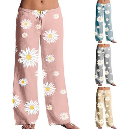 Spring Summer New Style Flower Printed Daisy Casual Wide-Leg Trousers Woman Pants Loose Female Long Pants