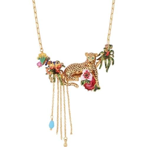 The new trend enamel glaze jewelry clavicle chain design sense cute personality wild leopard tassel flower gold-plated necklace