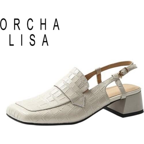 ORCHA LISA 2021 Retro Ladies Pumps Square Toe Alligator Texture Back Strap Slingbacks 4.5cm Chunky Heel US10 11 Beige A4328