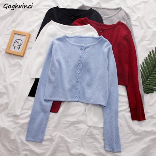 Cardigan Women O-neck Crop Tops Knitted All-match Loose-fitting Elegant Button Up Solid Simple Japanese Style Outwear Sweaters