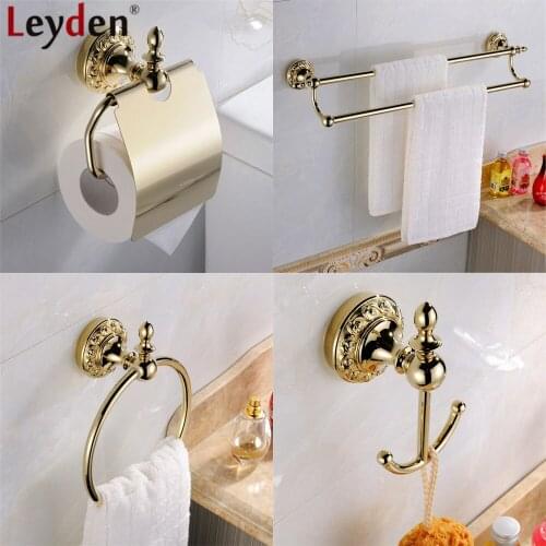 Leyden Wall Mounted 4pcs Bathroom Accessories Set Gold Brass Double Towel Bars Towel Ring Toilet Paper Holder Robe Hook