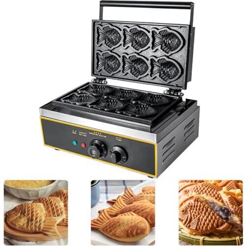 Small Taiyaki Machine Electric Fish Waffle Cone Maker Fish Waffle Baker 6 Molds Taiyaki Fish Shaped Waffle Pan