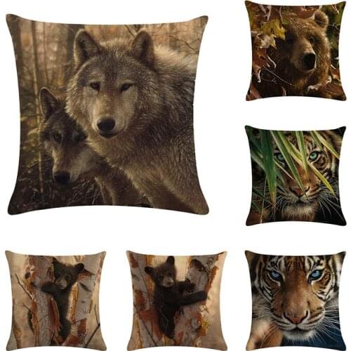 Animals Cushion Cover Wolf Tiger Bear Fox Throw Pillow Case 45*45cm Square Couch Outdoor Wildlife Chair Decor