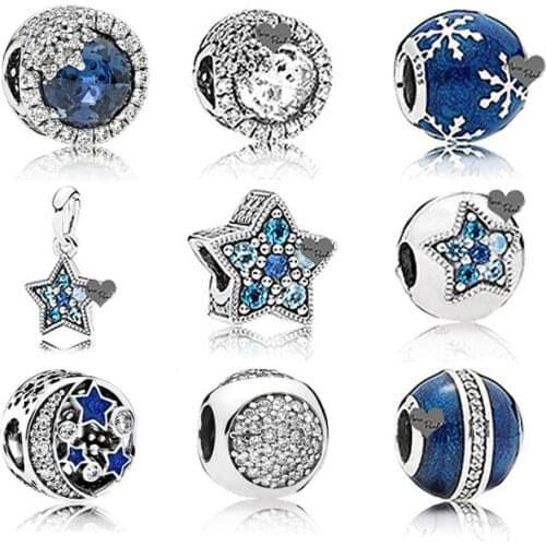 NEW NEW Winter Blue Enamel Snowflake 100% 925 Sterling Silver Pan Charm Bead Blue moon Fit Bracelet DIY Jewelry Making